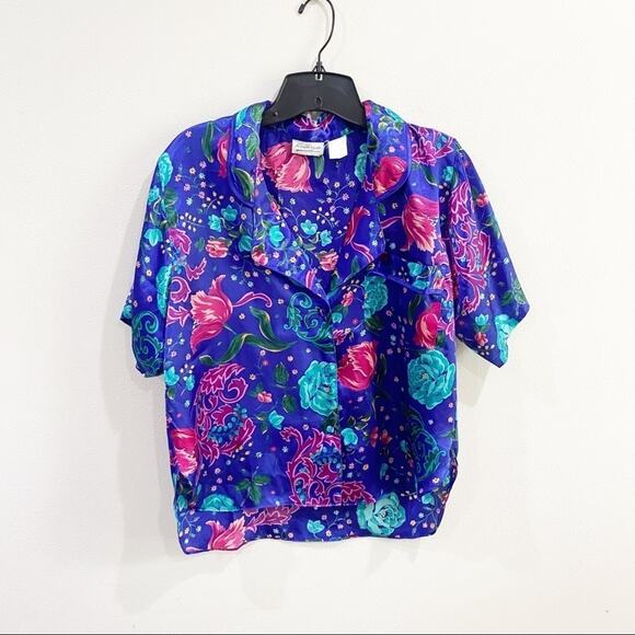 VTG 90s Floral Satin Pajama Top Size S Silky Boxy Button Blouse Boho - Picture 1 of 8